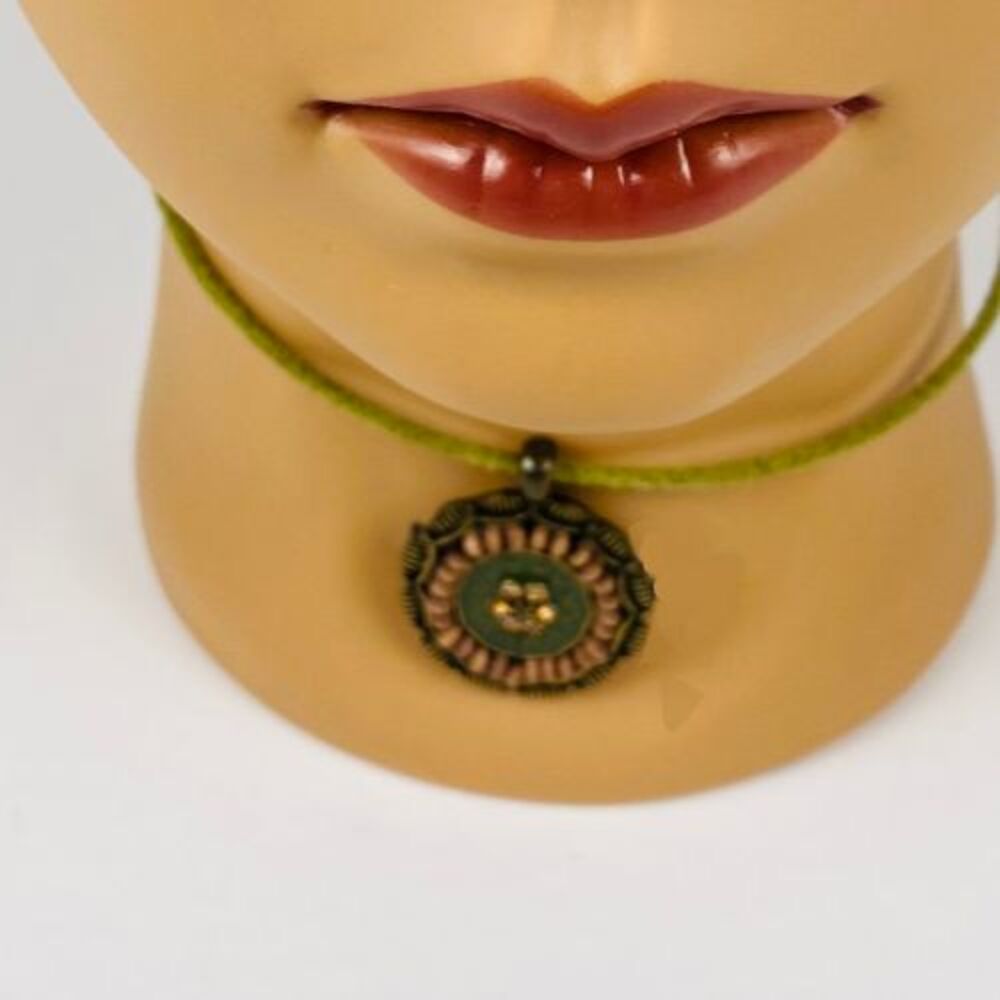 Vintage Lia Sophia Floral Medallion Necklace Choker and Earrings Green Brown Set - Picture 7 of 11